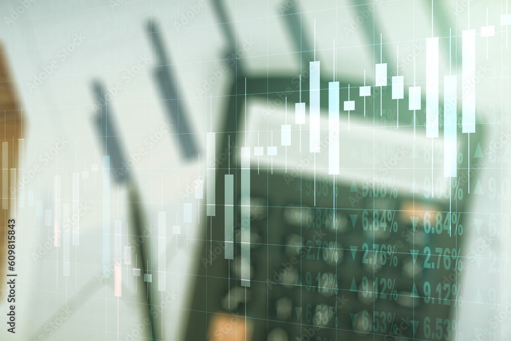 Multi exposure of virtual abstract financial diagram on calculator and papers background, banking and accounting concept Multi exposure of virtual abstract financial diagram on calculator and papers background, banking and accounting concept