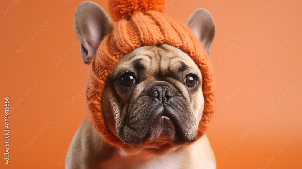 Cute French Bulldog dog in warm hat on color background