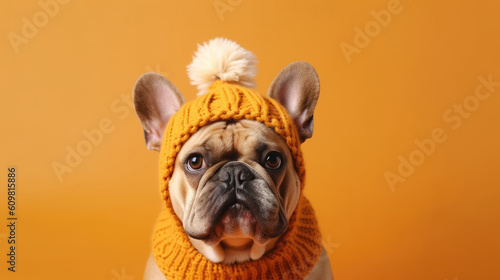 Cute French Bulldog dog in warm hat on color background