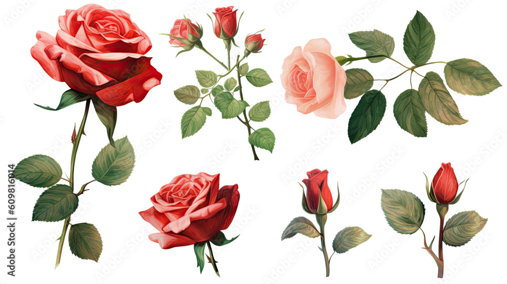 roses in various sizes and positions isolated on a transparent