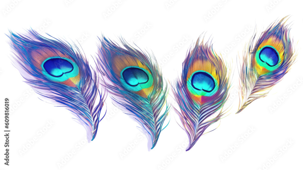 Obraz premium radiant peacock feathers with iridescent hues isolated on a transparent background for design layouts