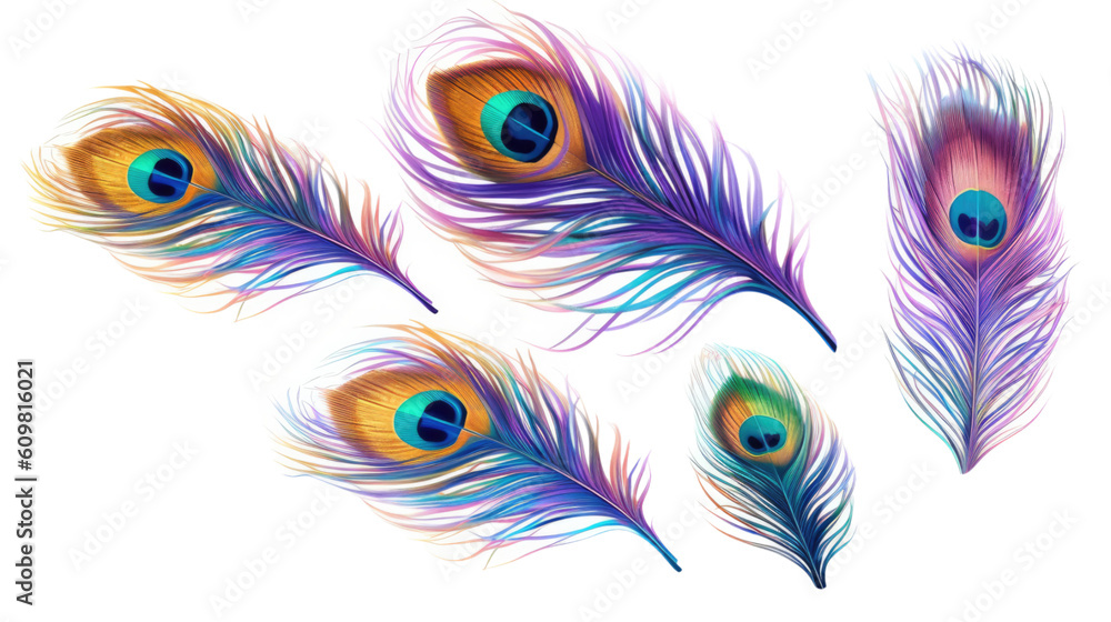 Obraz premium radiant peacock feathers with iridescent hues isolated on a transparent background for design layouts