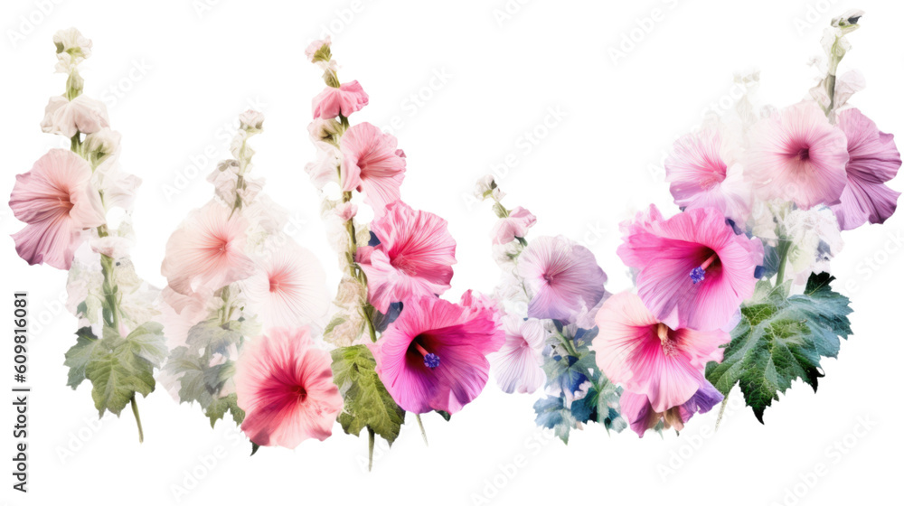 vibrant hollyhock flowers towering isolated on a transparent background for design layouts