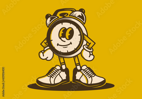 Mascot character of a alarm clock in an upright standing position