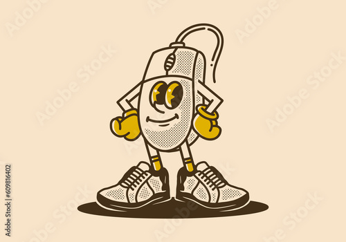 Mascot character of a computer mouse in an upright standing position
