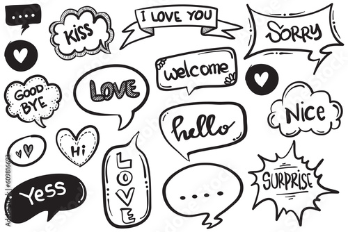 Set of hand drawn speech bubbles with dialog words Hello, Love, Bye, Hi. Vector illustration.