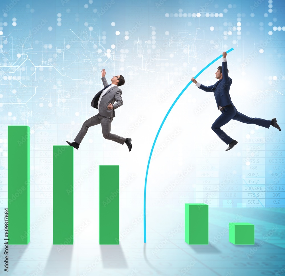 Businessman vault jumping over bar charts Businessman vault jumping over bar charts