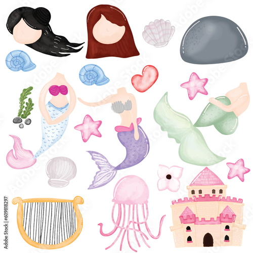 set of hand drawn mermaid and friend element. cartoon, character