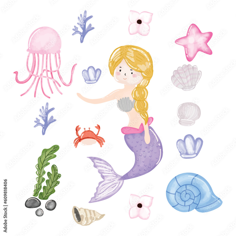 Fototapeta premium Set of kawaii mermaid isolated on white background. Mermaid tail, seashells, crown, bubbles, coral and pearl on an isolated white background. Watercolor drawing. Watercolor Mermaid and Elements design