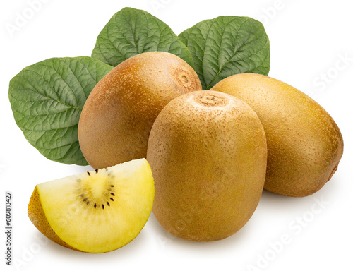 Golden Kiwi fruit with leaf isolated on white background, Fresh Kiwi fruit on White Background With clipping path.
