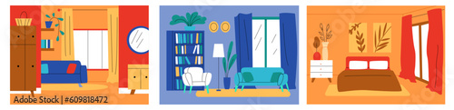 Three types of apartments. Bedroom and living room interior. Choice of housing for rent. Vector illustration. cartoon style. Isolated on white background.