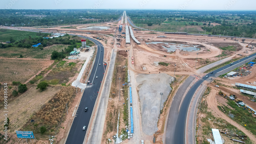 Naklejka premium A large bridge is under construction.Expanding roads outside the city to increase traffic lanes