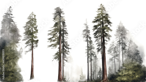 towering redwood trees in a misty forest isolated on a transparent background for design layouts