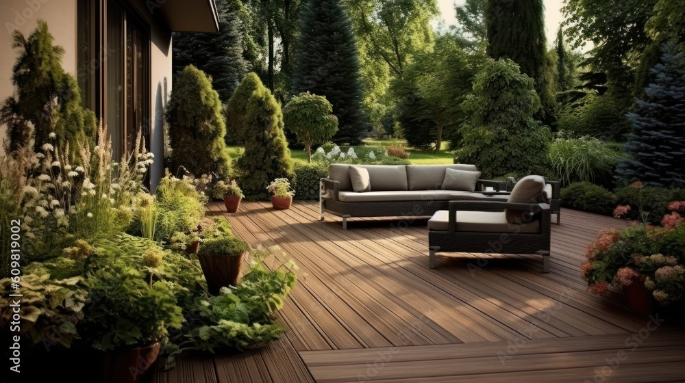 Obraz premium Home outside with greenery and river