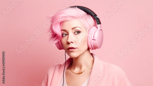 Modern young woman short haircut with pink hair and headphones, Barbicor style. Portrait of a smiling happy attractive woman Generative AI