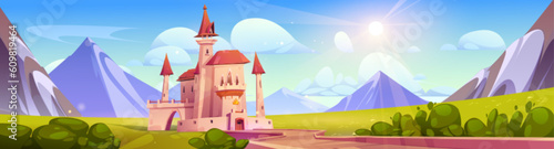 Fairy tale castle on summer mountain landscape. Vector cartoon illustration of medieval royal palace building, green valley surrounded by rocks, sun shining in blue sky with clouds. Fantasy kingdom