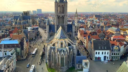 View from Belfort tower with St. Nicholas Church, Ghent, Belgium. March 2023