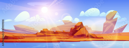 River flowing through Sahara desert. Vector cartoon illustration of hot sandy dunes landscape, rock on empty bank, mountain near flowing water, sunlight flaring in air, blue sky with white clouds