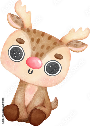 Fototapeta Naklejka Na Ścianę i Meble -  Cute baby reindeer character with various joyful expressions and different poses cartoon watercolour hand painting