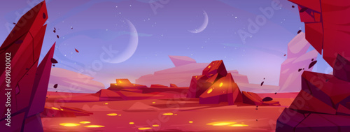 Alien space planet cartoon landscape background. Mars desert game cartoon vector illustration with rock, red ground and moon in sky. Futuristic martian surface outer cosmos scene with glow scenery