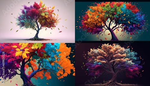 Colorful tree with leaves on hanging branches generative Ai