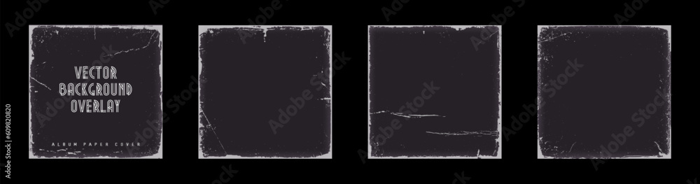 Album paper cover with worn, dirty, scratches effect. Grunge texture mockup for retro cd, vinyl. Distressed edge overlay frame, rough vintage template, vector illustration