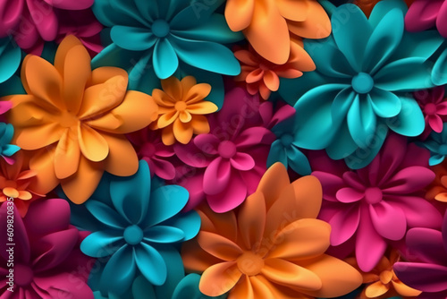 Beautiful 3D colorful flowers  fuchsia teal orange flowers color. AI generative