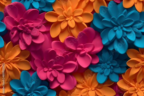 Beautiful 3D colorful flowers, fuchsia teal orange flowers color. AI generative