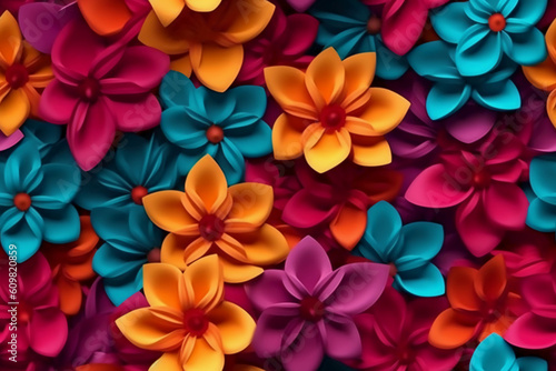 Beautiful 3D colorful flowers  fuchsia teal orange flowers color. AI generative