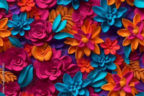 Beautiful 3D colorful flowers, fuchsia teal orange flowers color. AI generative