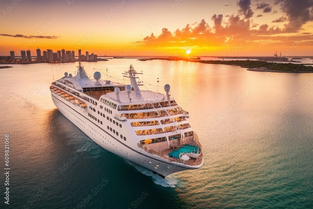 At the harbor, a magnificent cruise ship graces the scene with its presence. An aerial perspective during sunset, the large white ship against the colorful landscape in the marina bay. Generative AI.