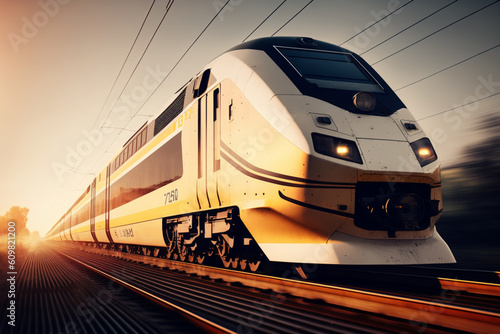 touch of artistic motion blur, a high-speed train effortlessly zooms past the railway station during the golden hour of sunset. The modern intercity train commercial transportation. Generative AI.