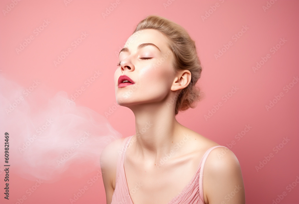 Radiant Tranquility: Capturing the Calm and Grace of a Blonde Woman in a Pink Studio, ai generative Radiant Tranquility: Capturing the Calm and Grace of a Blonde Woman in a Pink Studio, ai generative