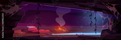 Tourist camp in mountain cave with neon blue lake. Vector cartoon illustration of bonfire burning, sleeping bag on ground near underground river, ancient jungle grotto with lianas and cobweb on walls