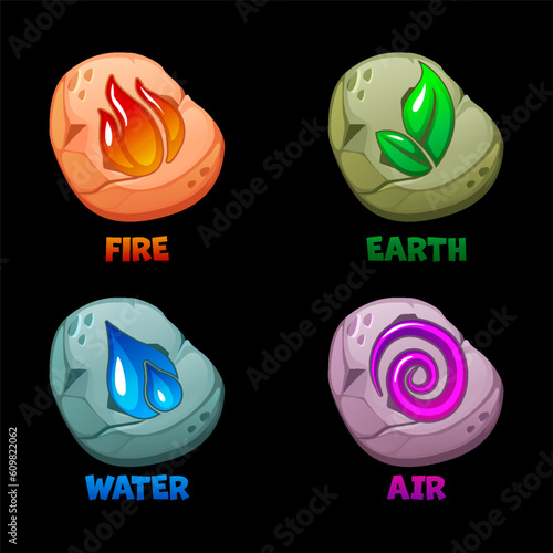 Amulets Stones-Air ,Water, Fire, Earth. Abstract Wind, Air, fire, water, earth symbol design on stones for game or app concept. For UI game item photo