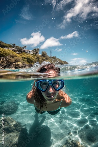 Underwater portrait of a woman snorkeling in tropical sea