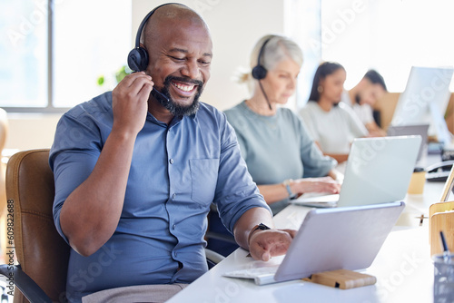 Black man, laptop and call center agent smile or sales consultant or customer service worker for inbound support in the office. Face, happy African and male pc operator or outbound or telemarketing