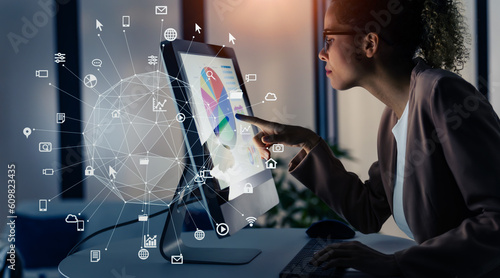 Black woman working in office and communication network concept. ICT (Information Communication Technology). Cloud computing. System engineering.