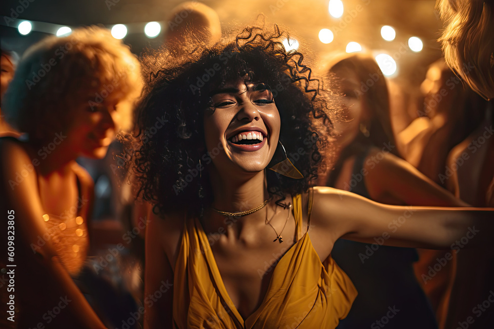 Shot of a young woman dancing in the nightclub. Multi ethnic friendship concept