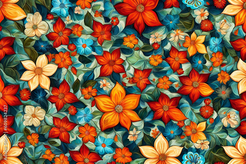 Seamless floral pattern with colorful flowers and leaves, Generative AI
