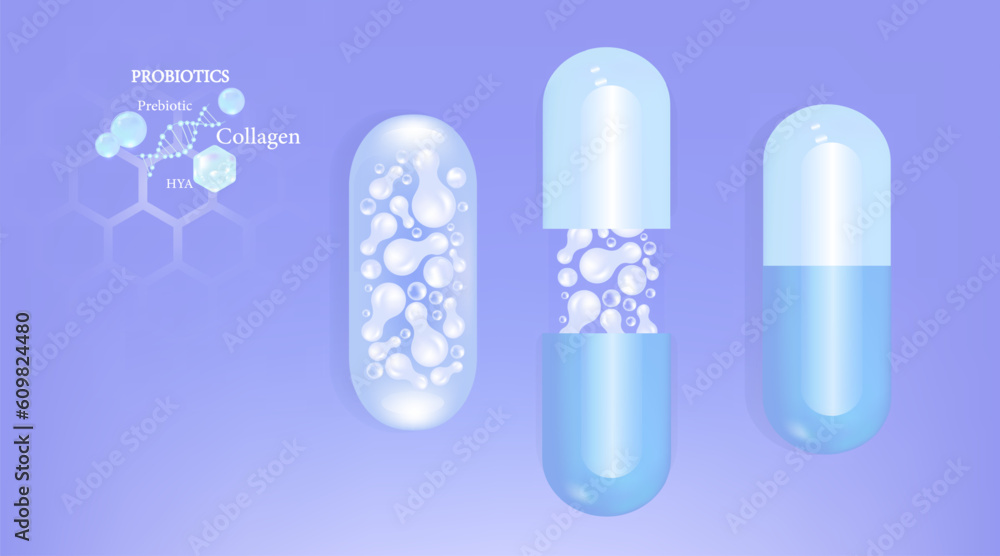 Probiotic and Hyaluronic acid skin solutions ad, blue collagen and vitamin capsule, and vitamin serum drop with cosmetic advertising background ready to use illustration vector. Probiotic and Hyaluronic acid skin solutions ad, blue collagen and vitamin capsule, and vitamin serum drop with cosmetic advertising background ready to use illustration vector.
