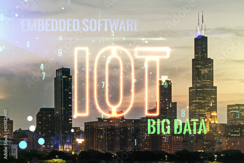 Creative IOT illustration on Chicago cityscape background, future technology concept. Multiexposure