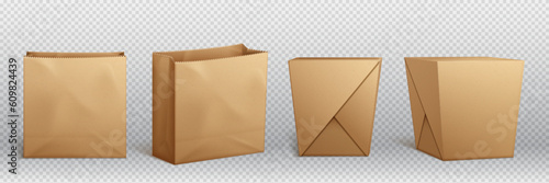 Brown craft paper lunch bag package for takeaway chinese food. Take away box pack for noodle or pasta icon. Empty 3d carton square container mock up, candy branding design on transparent background