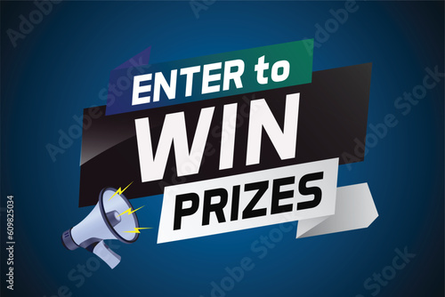 Enter to win prizes word concept vector illustration with megaphone and 3d style for use landing page, template, ui, web, mobile app, poster, banner, flyer, background, gift card, coupon, wallpaper
