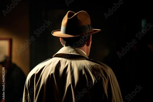 generative ai illustration of detective from behind, cannot see his face