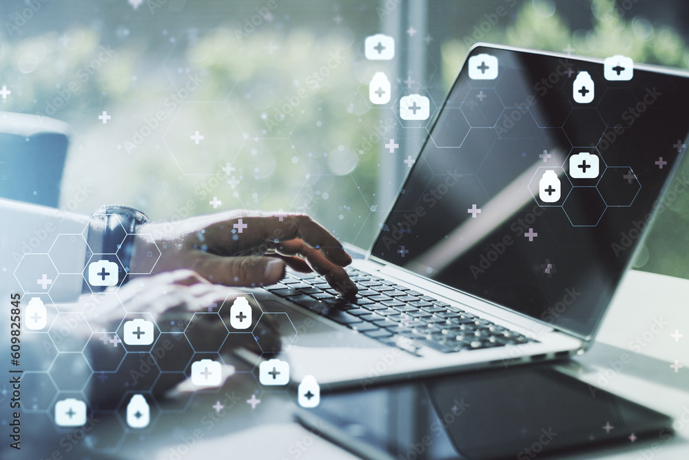 Creative abstract medical sketch and hands typing on computer keyboard on background, Medicine and healthcare concept. Multiexposure