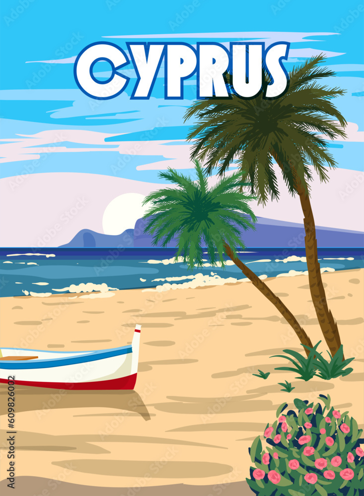 Cyprus Poster Travel, Greek seascape, beach, palms, boat, poster, Mediterranean landscape. Vintage style