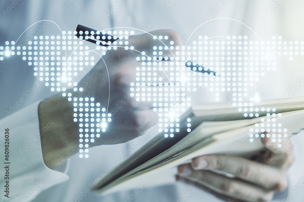 Abstract creative world map with connections and man hand writing in notebook on background, international trading concept. Multiexposure Abstract creative world map with connections and man hand writing in notebook on background, international trading concept. Multiexposure