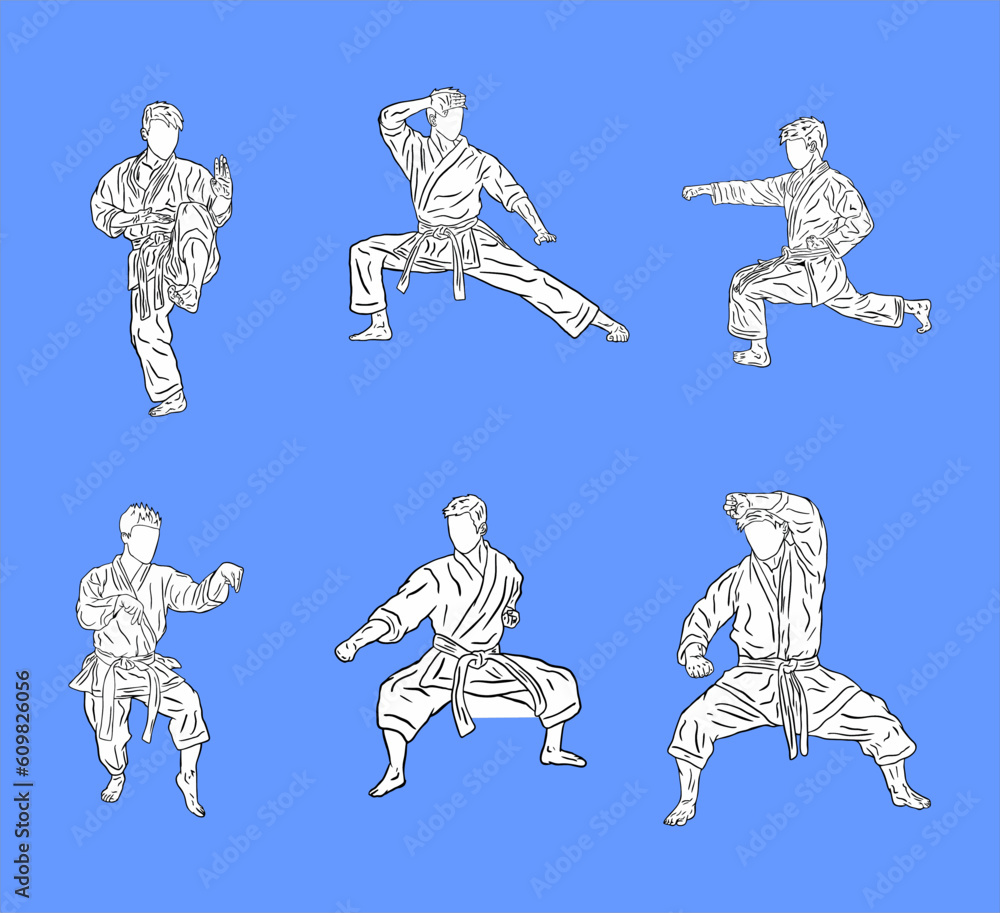 Karate kick and poses of karate techniques. Martial arts. This vector