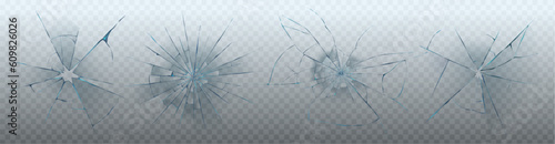 Realistic set of glass cracks isolated on transparent background. Vector illustration of broken window, monitor display, gadget screen, car windshield, gunshot effect. Accident design elements
